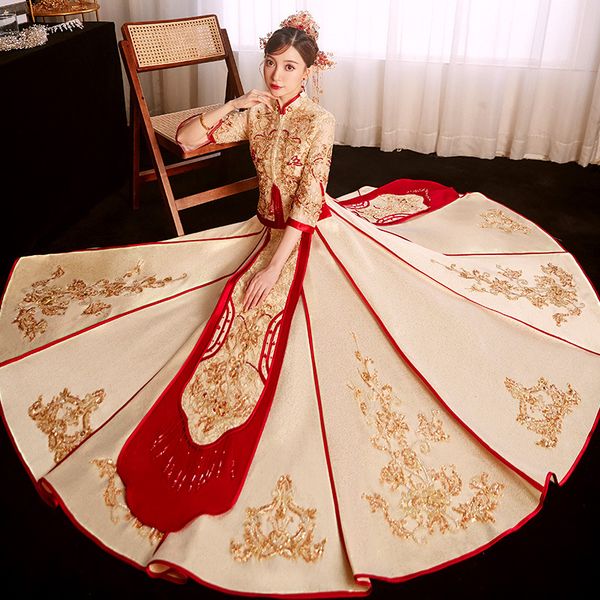 

chinese ethnic clothing trend wedding dress high-end costume traditional bride champagne golden xiuhe wedding ceremony couple clothes, Red