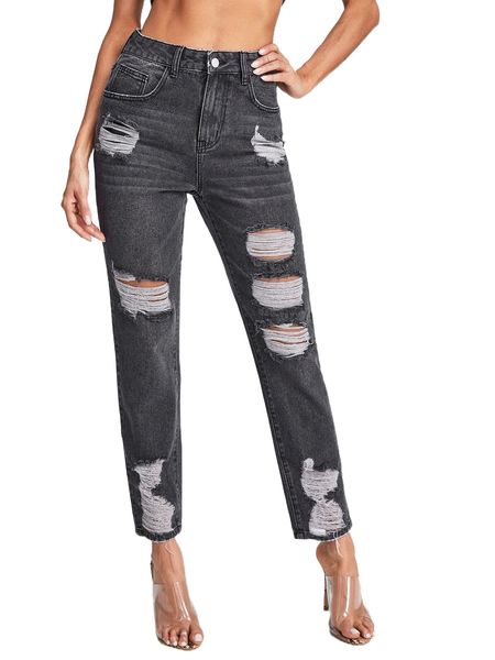 

high waist bleach wash ripped mom jeans 90ba#, Blue