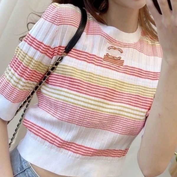 

designer girl knits womens t-shirt fashion overdyed wear tees women clothing classic with letters embroidery stripe high waist half sleeve s, White