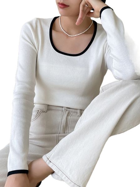 

dazy contrast trim scoop neck ribbed knit sweater k2ch#, White;black