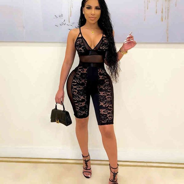 

2022 women's dresses new lace perspective v-neck back middle waist jumpsuit summer club party mini dress, Black;white