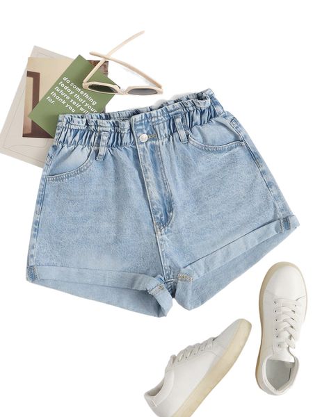 

paper bag waist roll hem denim shorts e4j9#, White;black