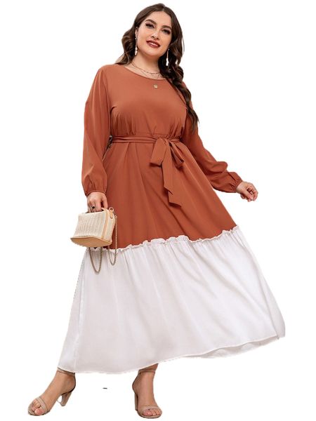 

plus two tone frill trim belted dress e0n1#, Black