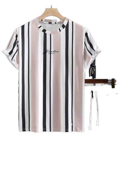 

men striped & letter graphic tee & drawstring waist shorts f4bk#, Gray