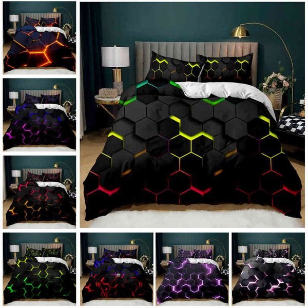 Set copripiumino geometrico Multicolor Honeycomb Hexagon Bedding Theme Metal Texture Streamline Design Qulit