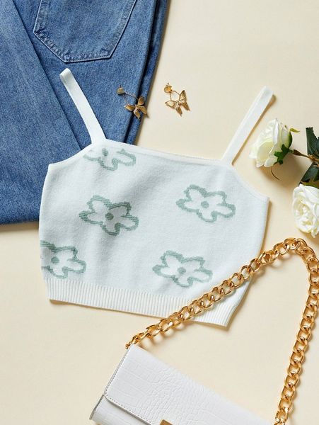 

floral pattern crop knit c9ap#, White;black