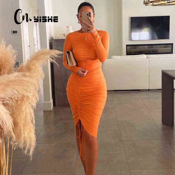 

cnyishe autumn women going out dress fashion drawstring ruched dresses women neon orange o-neck long sleeve midi dress vestidos y220413, Black;gray