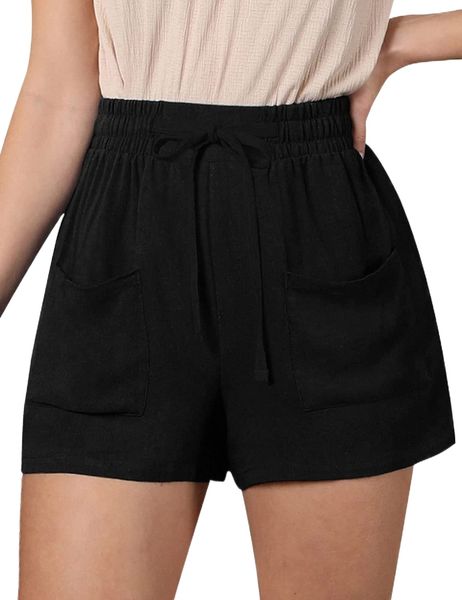 

women's drawstring linen blended shorts with front pockets plus v7t2#, White;black