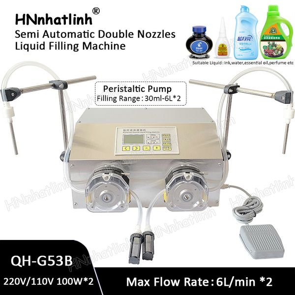 QH-G53B Doppi ugelli Riempitrice semiautomatica per liquidi Pompa peristaltica 502 Colla Fertilizzante Lavanderia Inchiostro liquido Olio essenziale Succo di latte Riempitrice per bottiglie d'acqua