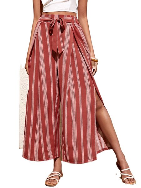 

striped print wrap split leg tie front pants p7j8#, Black;white