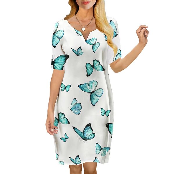 Vestido feminino linda borboleta 3d impresso vneck solto casual manga curta vestido de mudança para vestidos femininos estilo elegante 220616