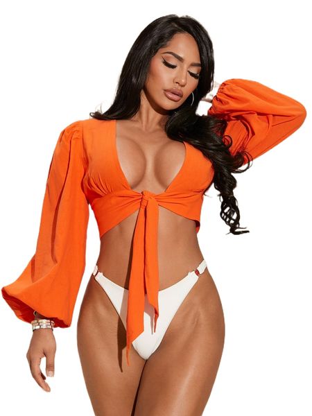 

sxy knot front lantern sleeve crop blouse p1bo#, White