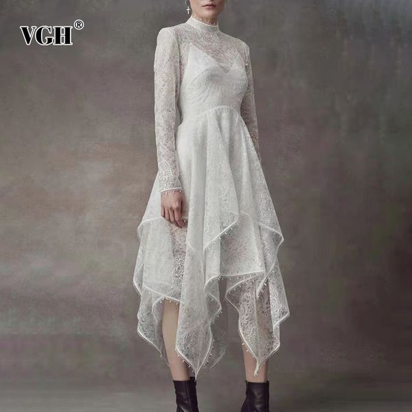 

irregular hem lace dress for women stand collar long sleeve high waist elegant white dresses female fashion clothing 210507, Black;gray