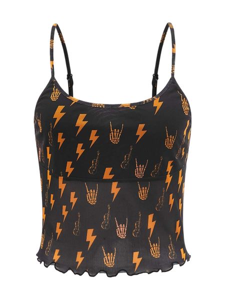 

x sparkles lightning & violin print lettuce trim cami s2lq#, White