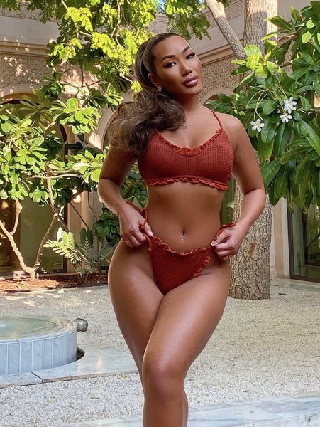 

textured frill trim bikini swimsuit 71b5#, White;black