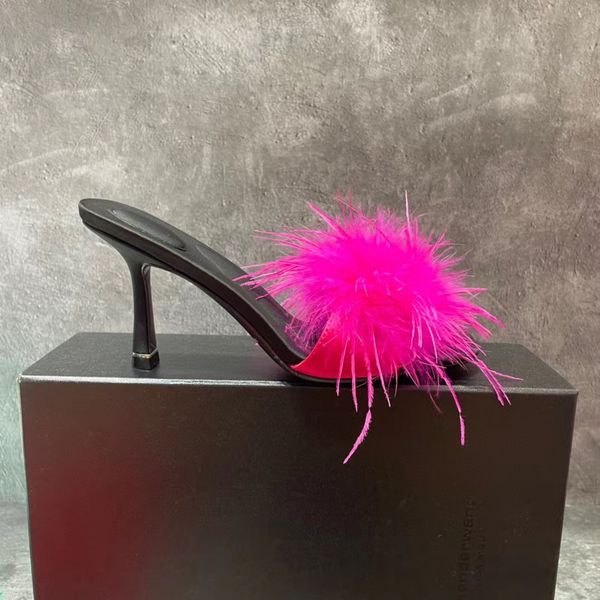

one word square head feather sandals stiletto heels mueller slippers europe and america 2022 spring summer new name warm wind, Black