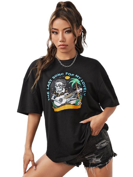 

x ramoniskull skull rack & slogan graphic drop shoulder tee q2bk#, White