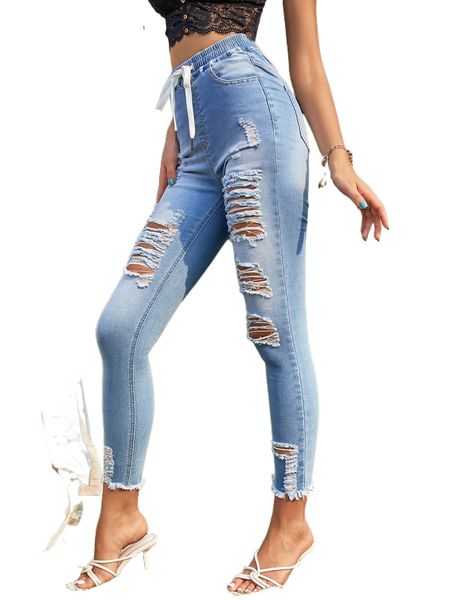 

high waist drawstring ripped raw trim skinny jeans d8h7#, Blue