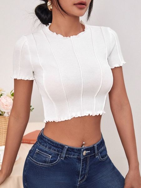 

lettuce trim rib-knit crop tee s5kq#, White
