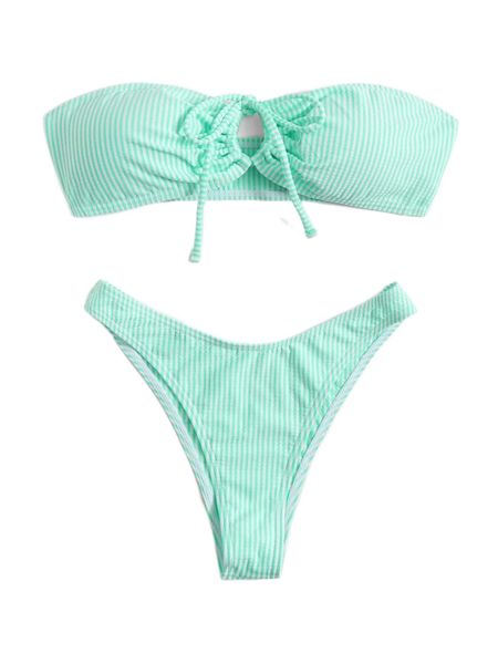

striped tie front bandeau bikini swimsuit g4tq#, White;black