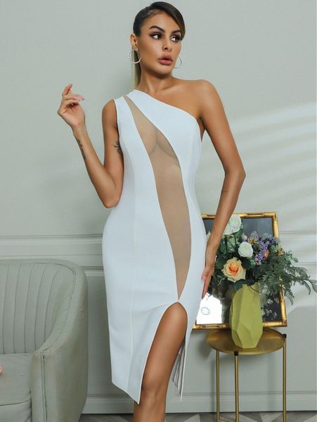 

mesh insert one shoulder split hem dress r4ba#, Black;gray