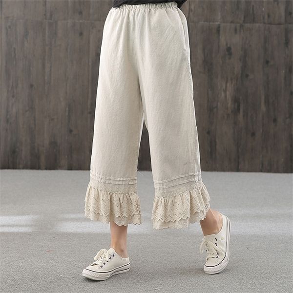 

lamtrip literature art forest simple cotton linen lace lacing japanese loose wide leg pants women 201228, Black;white