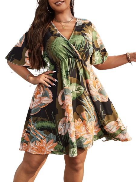 

plus tropical print butterfly sleeve dress e08o#, Black