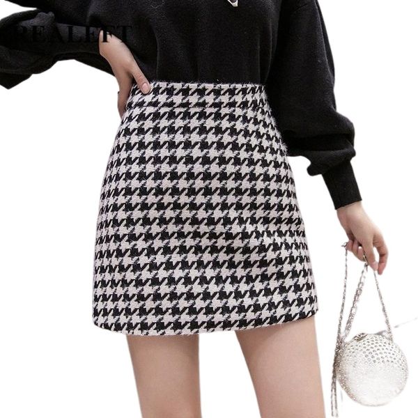 

skirts plaid 2022 autumn winter stylish houndstooth skirt women woolen skater high waist a-line mini female 37ko#, Black