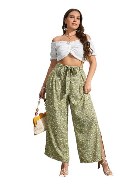 

plus ditsy floral print split side belted pants s9fy#, Black