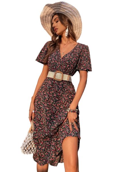 

ditsy floral butterfly sleeve dress without belt z5bc#, Black;gray