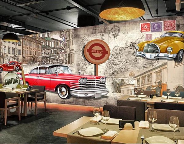 Decarazione murale 3D Murales Wallpaper Caffetteria retrò retrò europeo Nostalgic Auto Sfondo