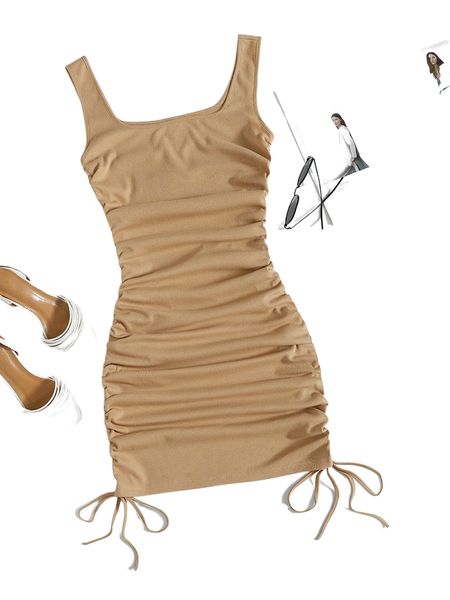 

drawstring ruched side bodycon dress k02e#, Black;gray