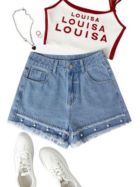 

pearls beaded raw hem denim shorts m7ii#, White;black