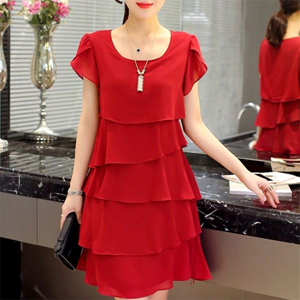 

summer chiffon dress the new fashion women plus size 5xl loose cascading ruffle red dresses casual ladies elegant party cocktail 210302, Black;gray