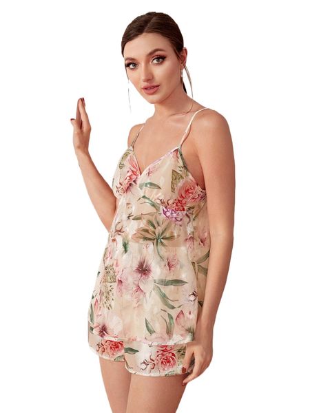 

floral print cami & shorts pj set m7el#, Black;red