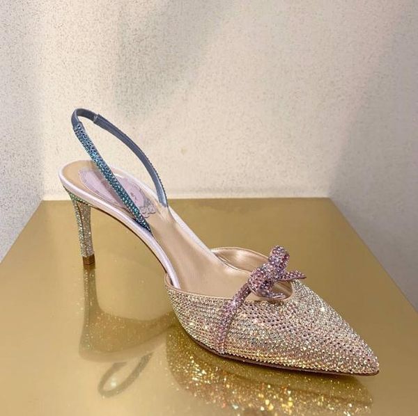 

full rhinestone high heels shoes wome rene caovilla pointed toe sandal stiletto hollow elastic wedding shoes party high-heel sandals, Black