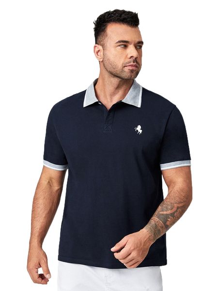 

extended sizes men horse print striped detail polo shirt v8fk#, White;black