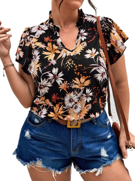 

plus floral print notched neck blouse w2uj#, Black