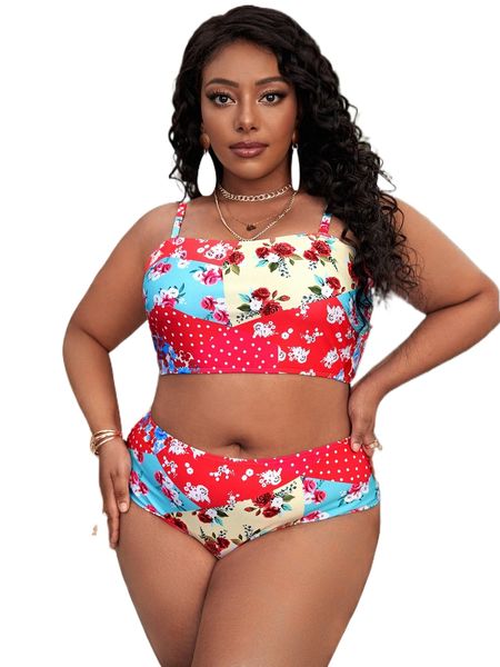 

plus floral & polka dot print high waist bikini swimsuit g1t8#, White;black