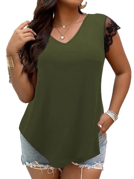 

plus contrast embroidery mesh curved hem tee m9n5#, Black
