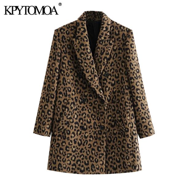 KPYTOMOA Frauen Mode Leopard Print Lose Woolen Mantel Vintage Langarm Zurück Vents Weibliche Oberbekleidung Chic Mantel 201102