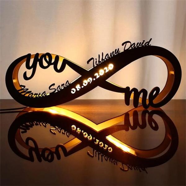 Wandlampe, personalisierbar, „Unendlichkeit, ich liebe dich“, USB-LED-Nachtlicht, individueller Name und Datum des Paares, aus Holz für Zuhause, Schlafzimmer, Hochzeit, Dekoration