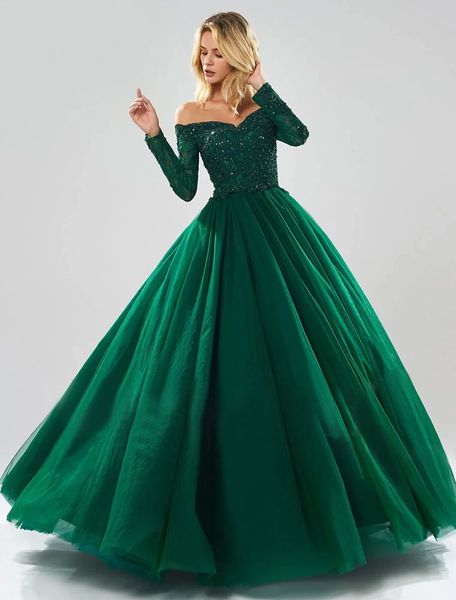 

green formal prom dresses 2022 long sleeve off shoulder tulle lace quinceanera robe de soiree, Black