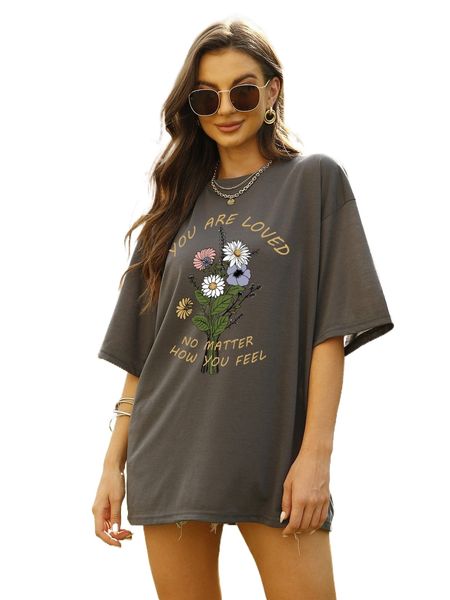 

floral and slogan graphic drop shoulder oversized tee z6qf#, White