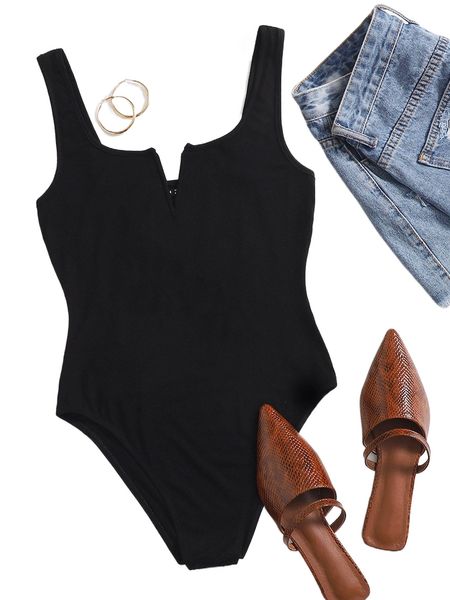 

notch neck solid form fitted bodysuit k843#, White