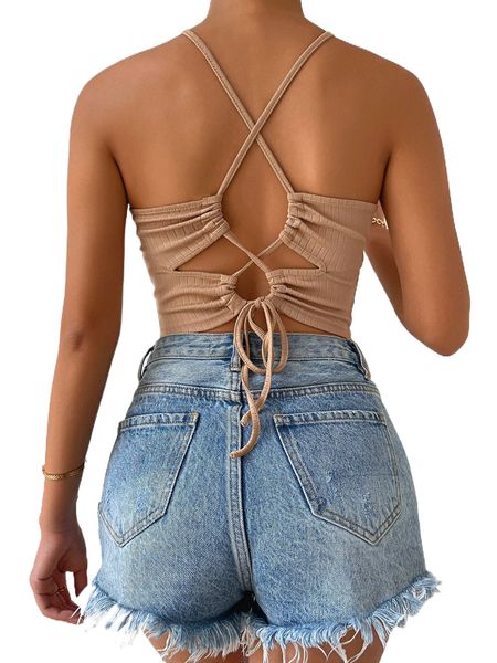 

lace up back ribbed knit halter n8n1#, White