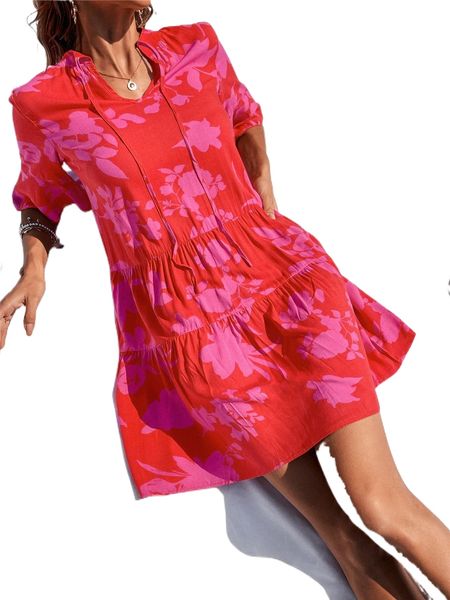 

floral print tie neck dress 44ao#, Black;gray