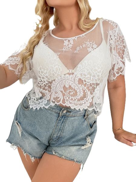 

plus sheer lace crop without bra h07z#, Black