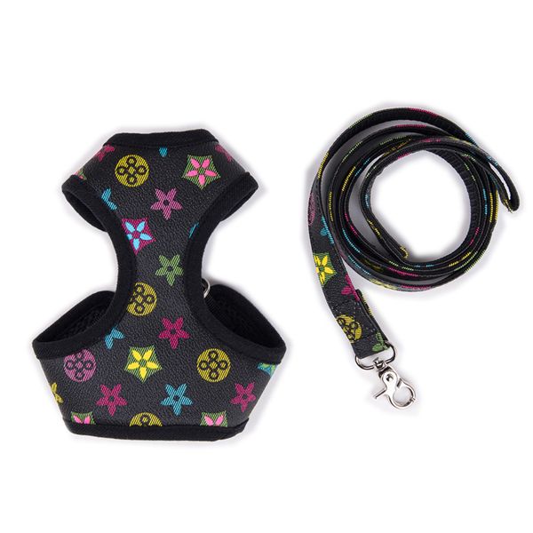 

step-in designer dog harness and leashes set soft air mesh adjustable dogs vest classic printed pu leather pet harnesses for small medium do
