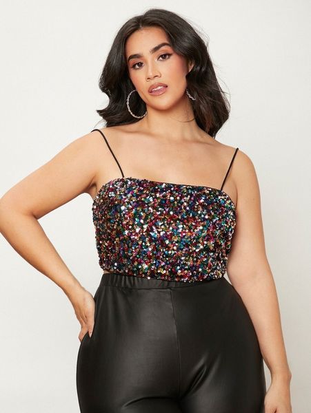 

plus zip back crop sequin cami w0jh#, Black